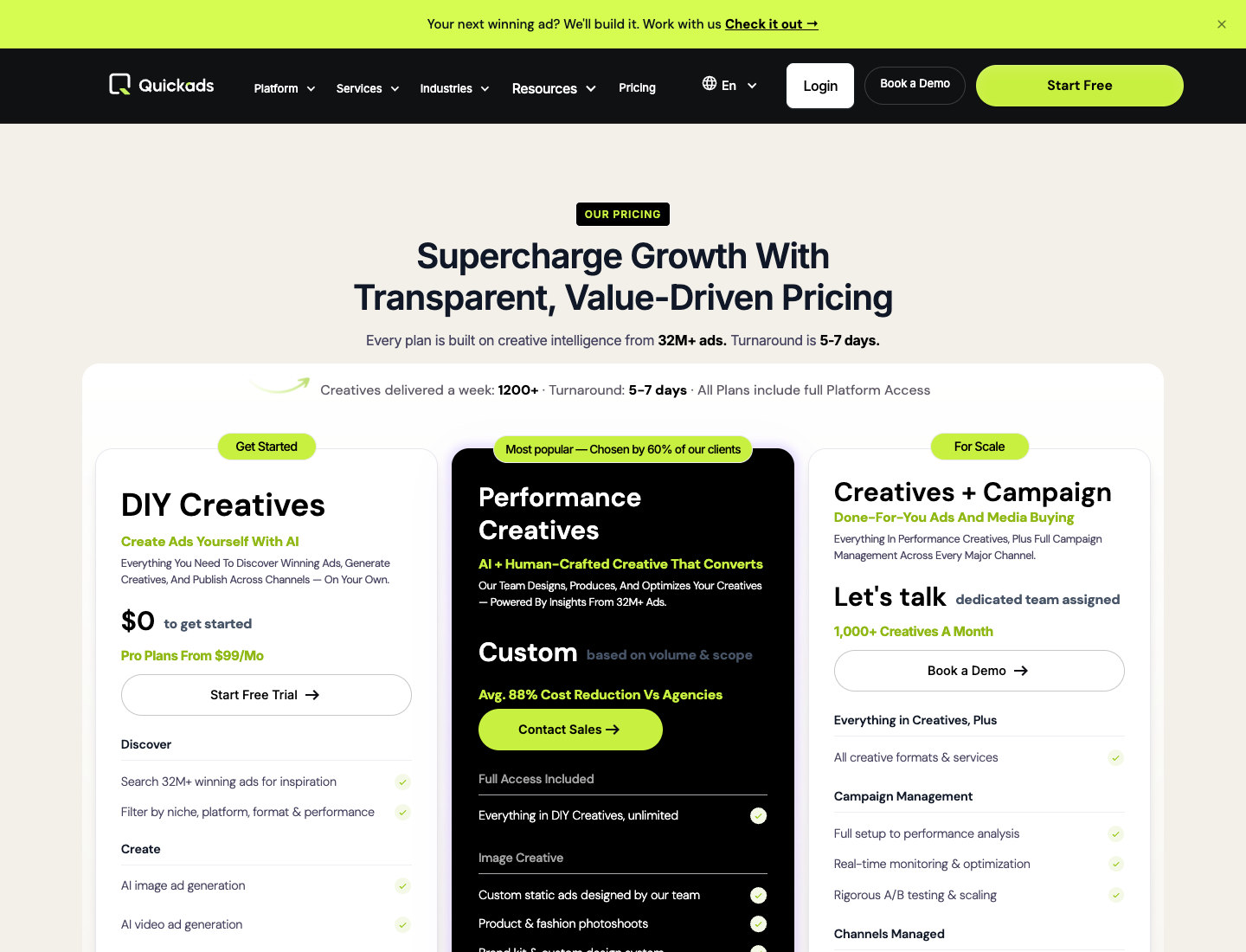 QuickAds AI review pricing check: DIY Creatives from $0, Performance Creatives custom, Creatives plus Campaign