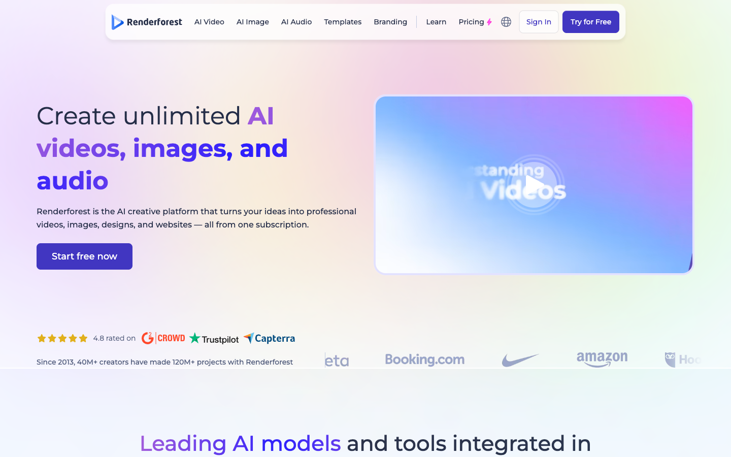 Renderforest homepage workspace interface highlighting branding tools logo maker mockups and AI video generator
