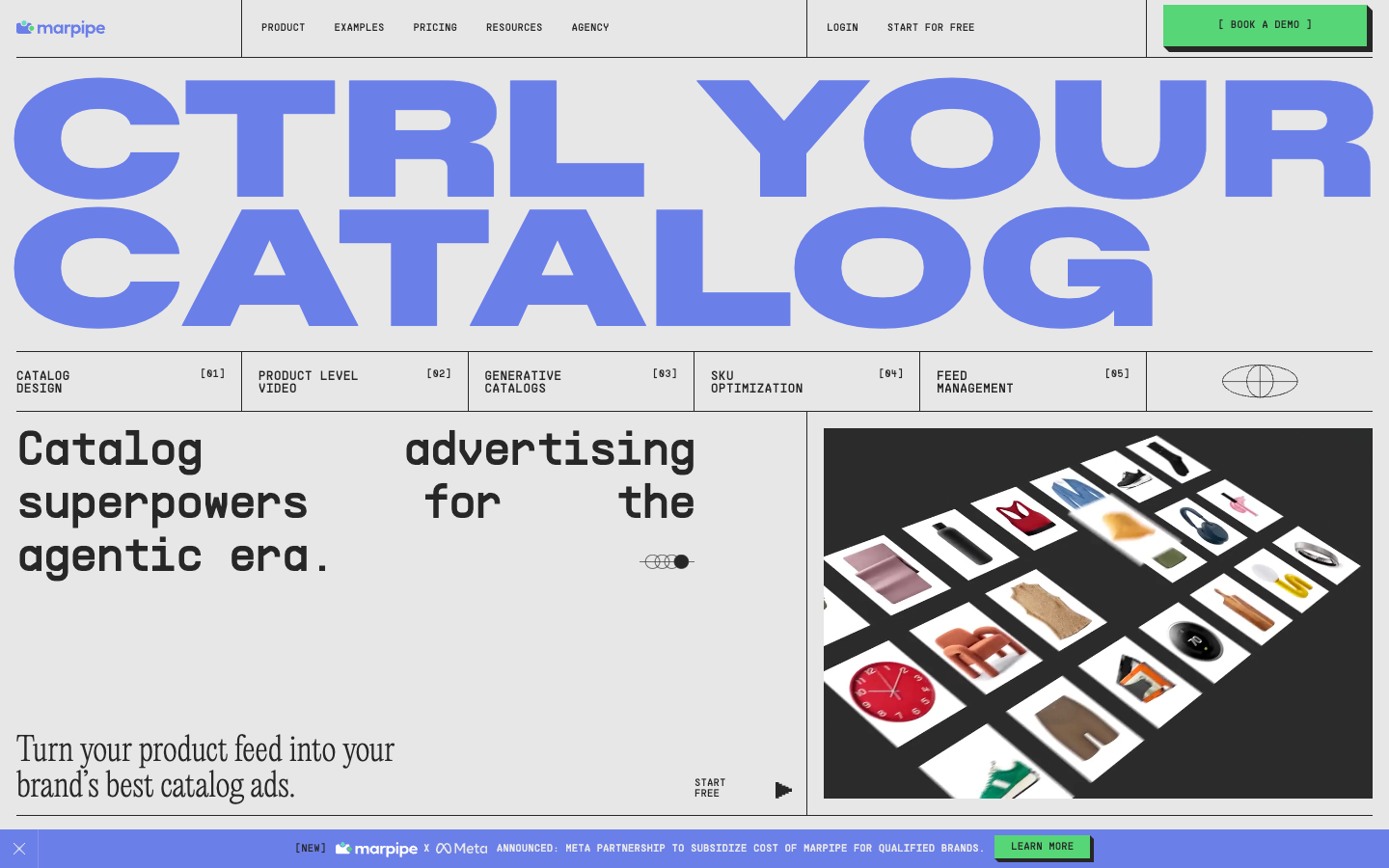 Marpipe homepage headline Ctrl Your Catalog with a grid of product tiles for catalog ads