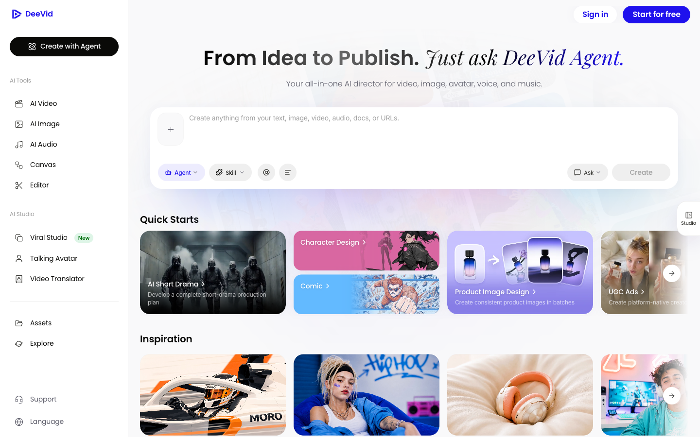 Deevid AI Agent home with UGC Ads and Product Image Design quick starts