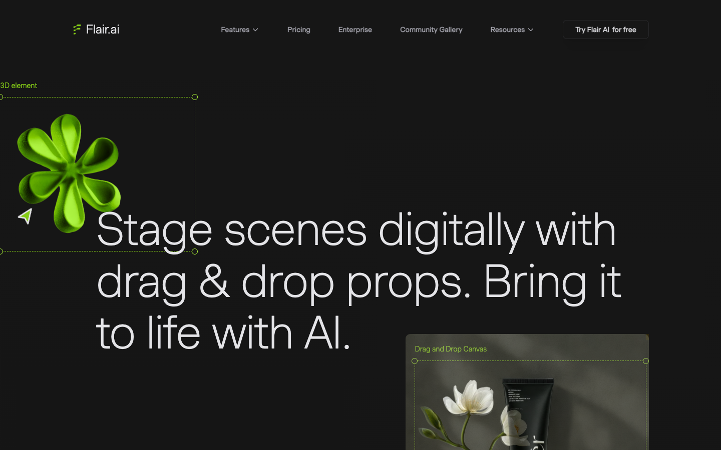 Flair AI tutorials page header about staging product scenes with drag and drop props