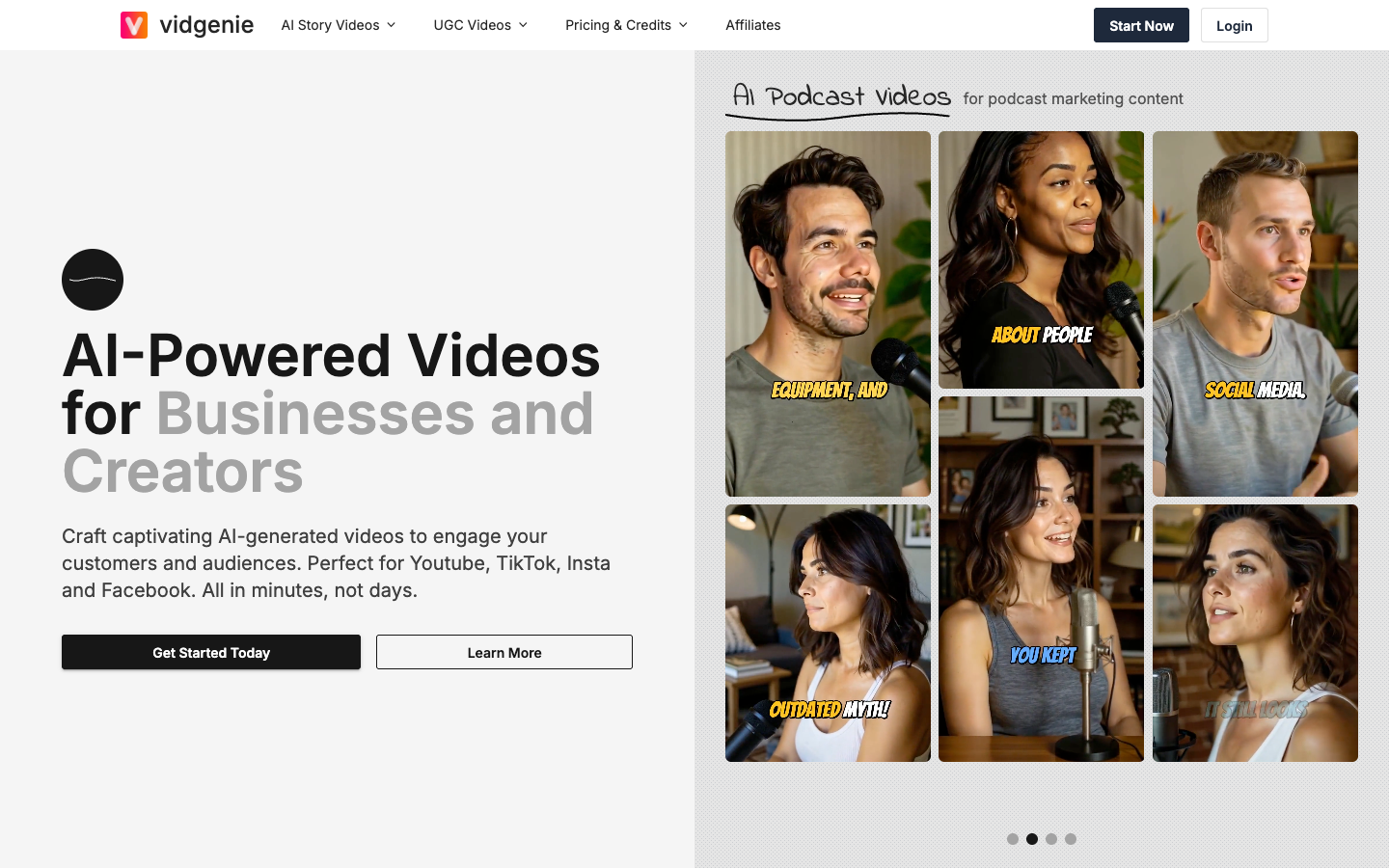 Vidgenie's homepage, with AI podcast-style videos in the hero carousel