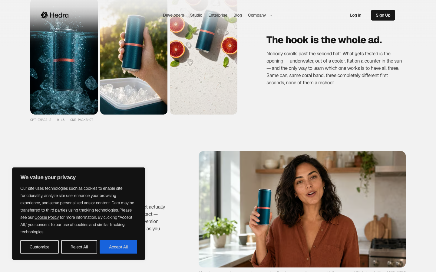 Hedra's video ads page on testing openings