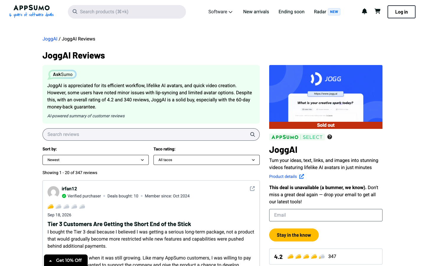 AppSumo reviews page for JoggAI showing a 4.2 rating from lifetime-deal buyers