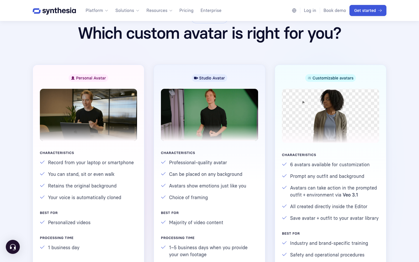 Synthesia's "Which custom avatar is right for you?" comparison of personal, studio and customizable avatars