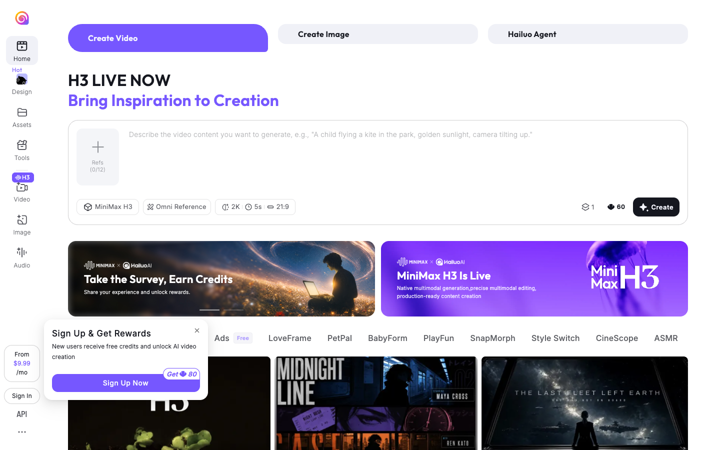 Hailuo AI reviews test: homepage with Create Video