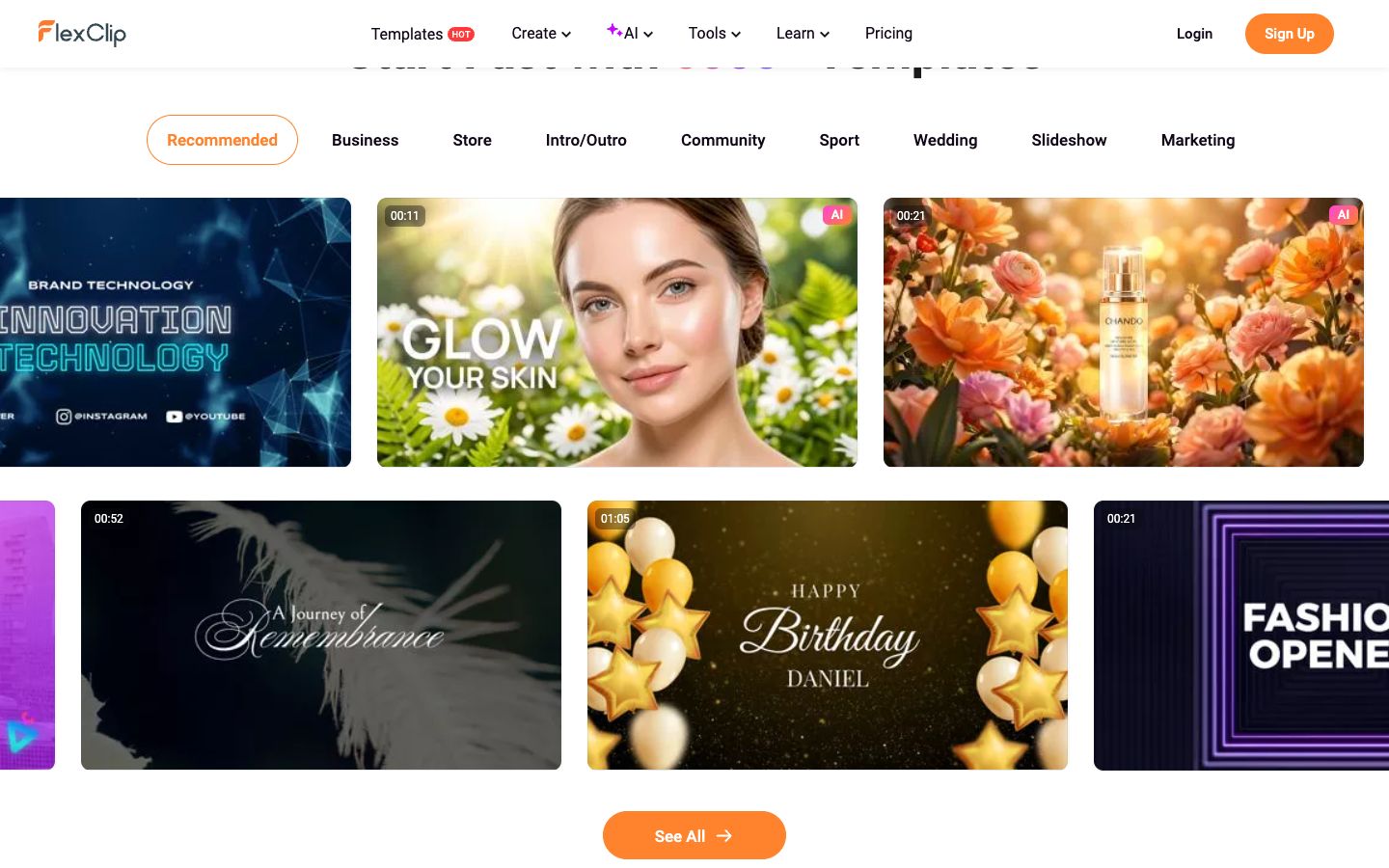 FlexClip homepage template grid with Recommended, Business, Store and Marketing category tabs