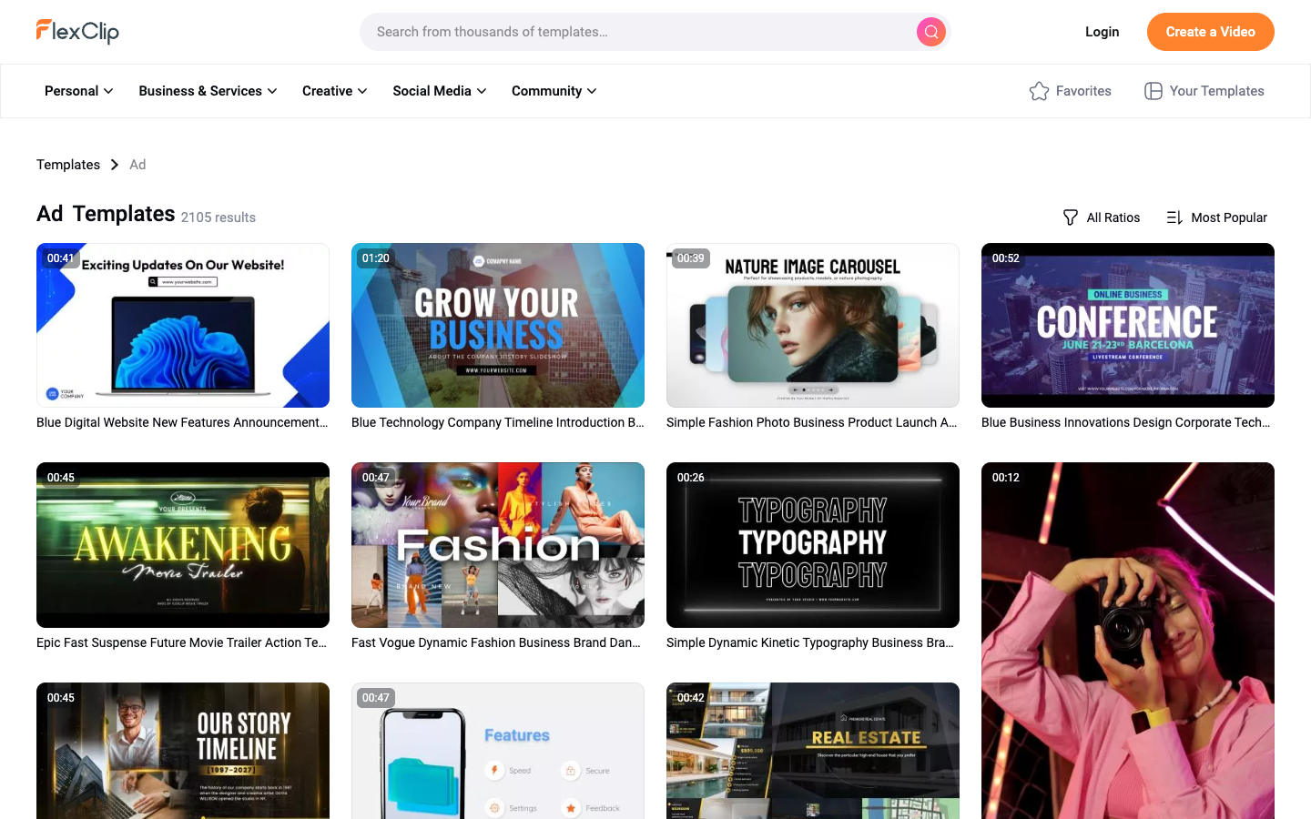 FlexClip review of the Ad templates page showing 2,105 results and length stamps on each card