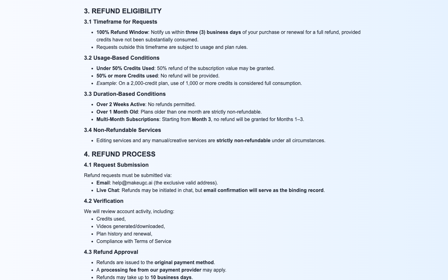 MakeUGC refund policy section 3 with the three business day full refund window
