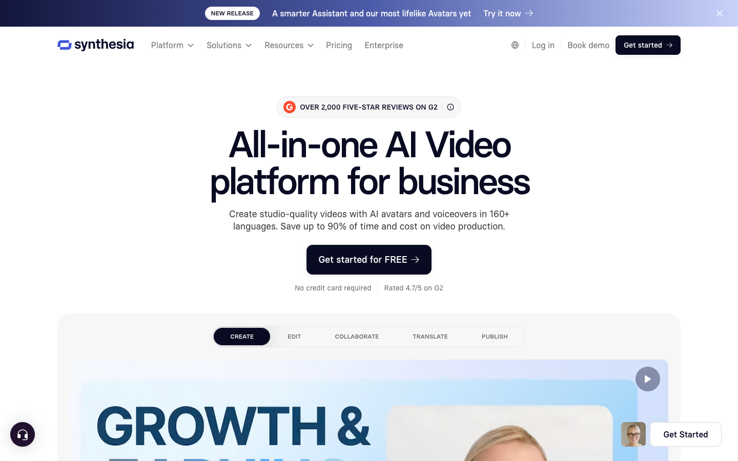 Synthesia's homepage on pitching AI avatars and voiceovers in 160+ languages to business teams.