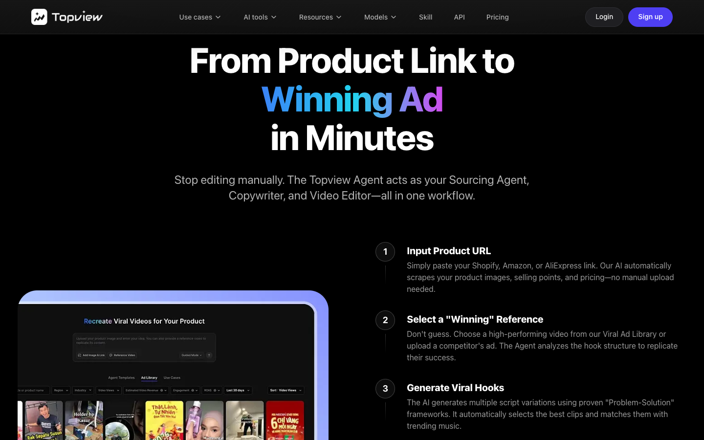 Five-step product link to video workflow on TopView's ecommerce use case page