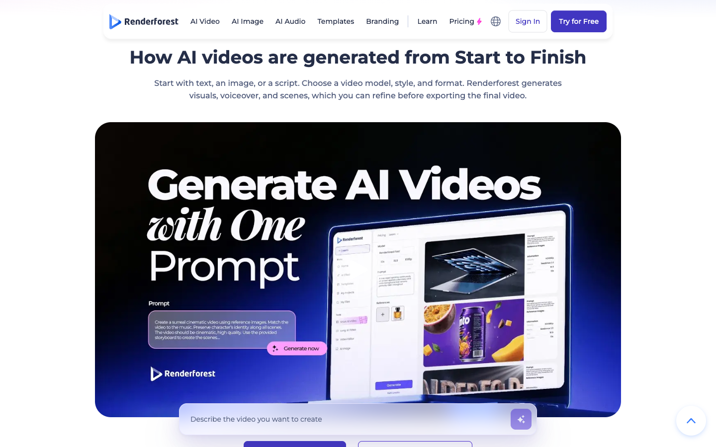 Renderforest AI video generator interface displaying multi-model picker including Google Veo and Kling options