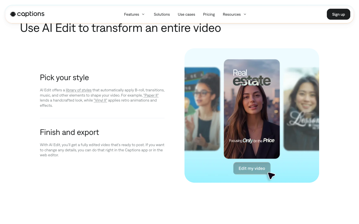 Captions AI Edit feature page with Pick your style and Finish and export steps