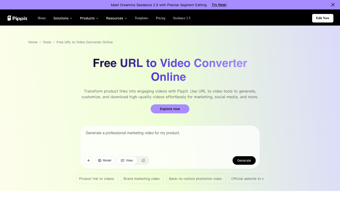 Pippit Free URL to Video Converter Online page with a link input box