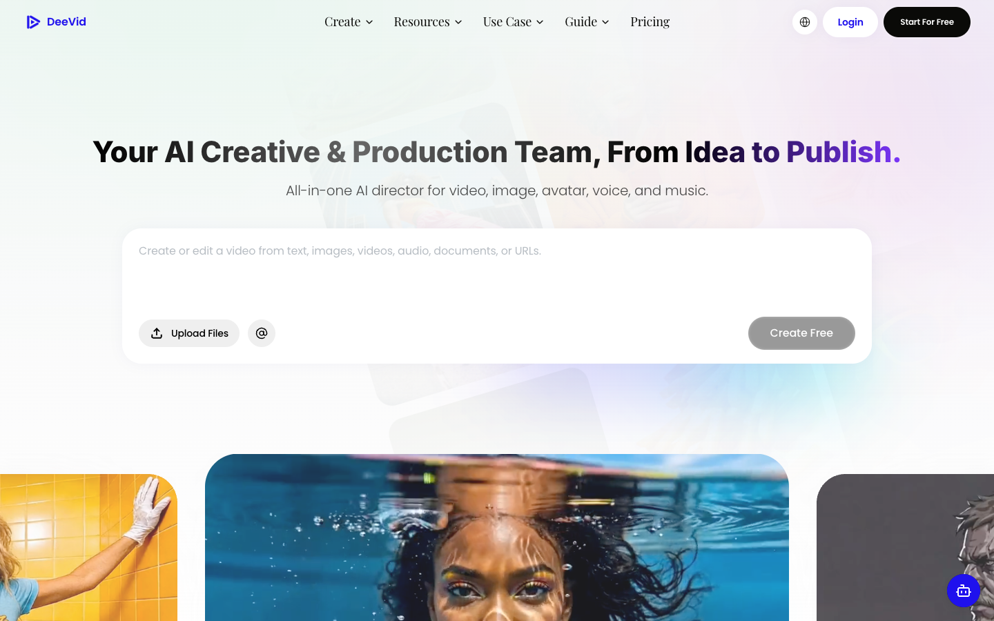Deevid AI homepage headline promising an AI creative and production team from idea to publish