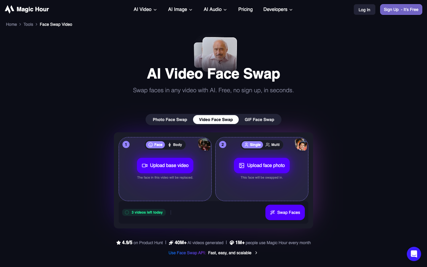Magic Hour's Video Face Swap tool, with the free "3 videos left today" counter