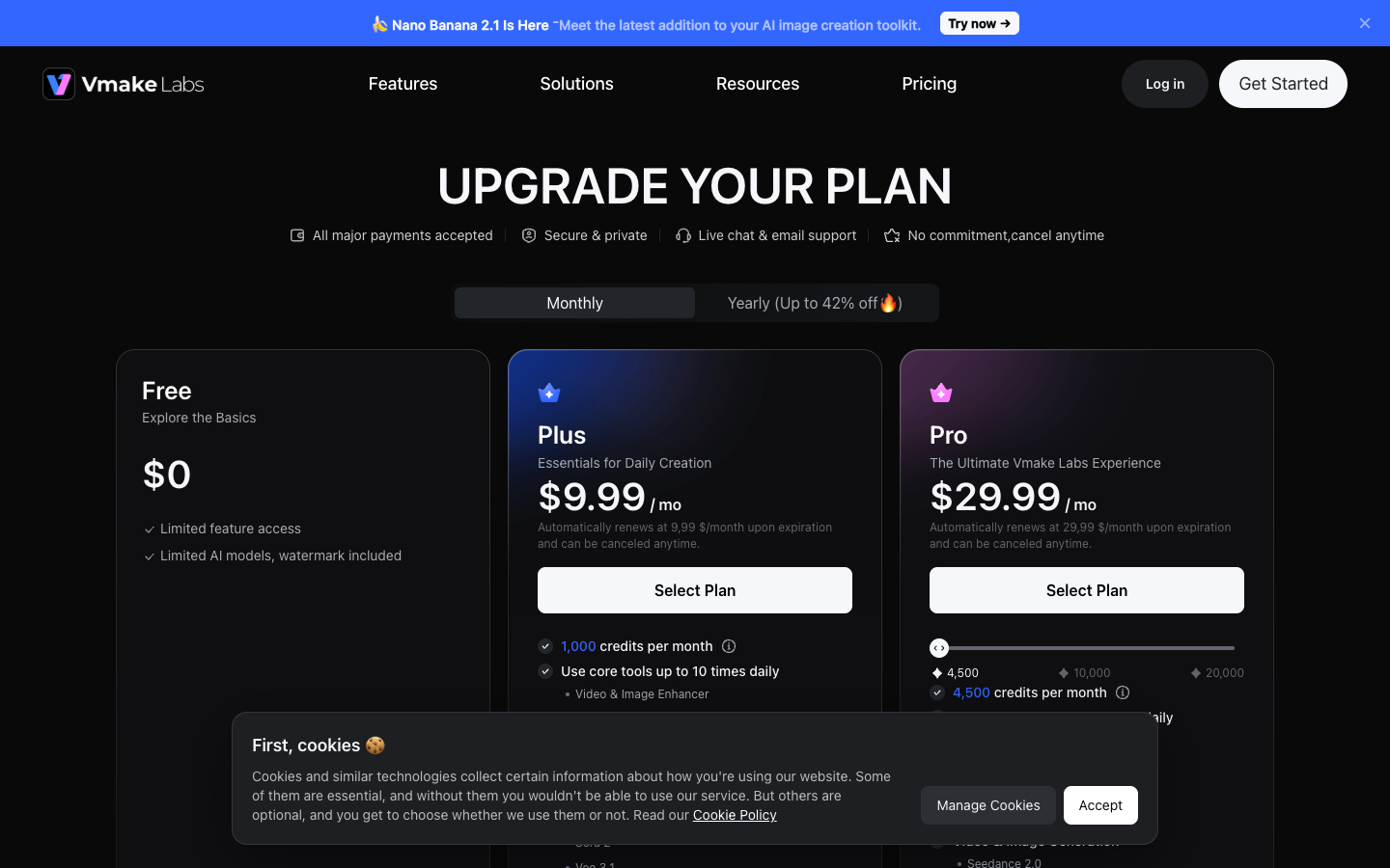 Vmake pricing page on monthly billing showing the Free, Plus and Pro plan cards