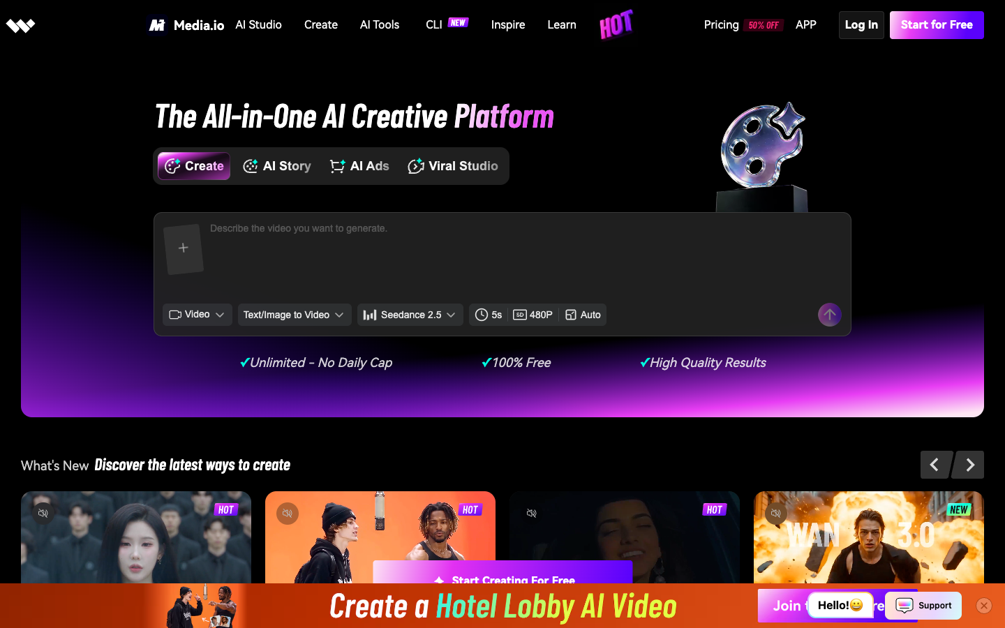 Media.io homepage video box with 100% Free and Unlimited No Daily Cap badges