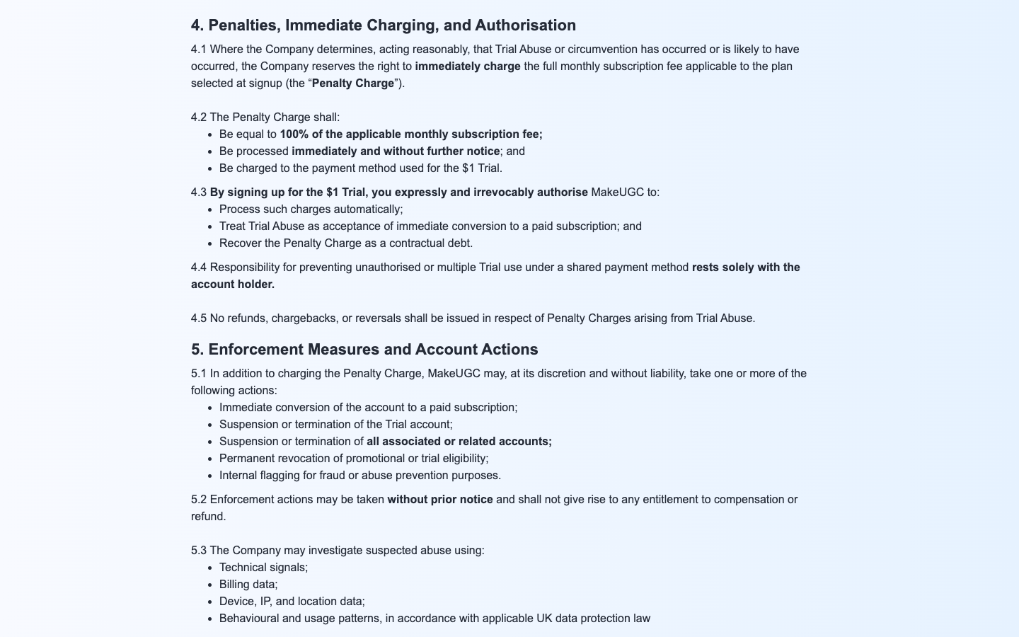 MakeUGC $1 trial policy section 4 describing the 100% penalty charge for trial abuse