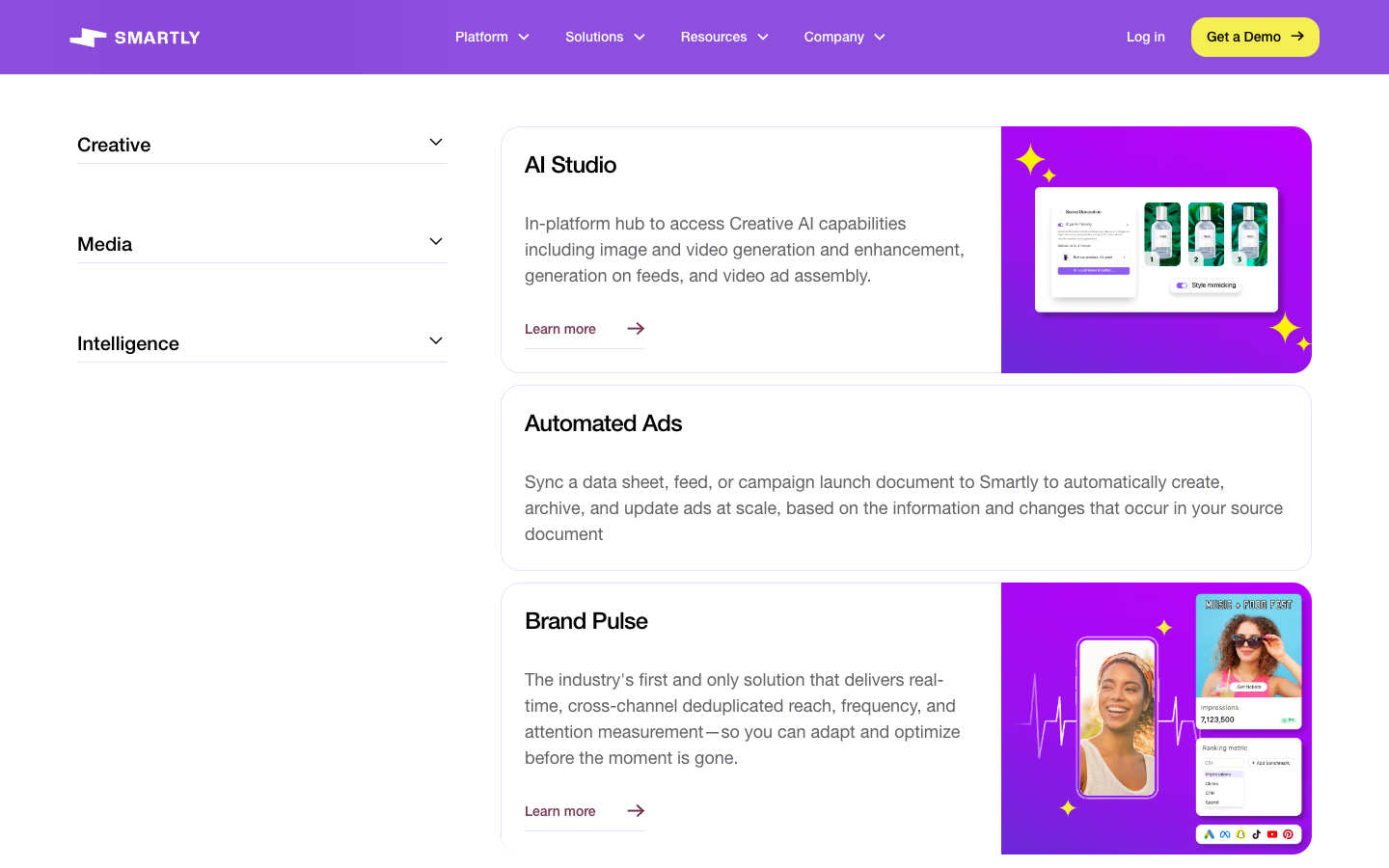Smartly AI Studio, Automated Ads and Brand Pulse feature cards on the all-features page