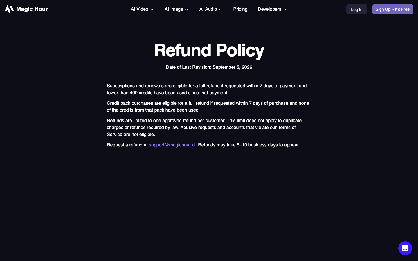 Magic Hour's refund policy, revised September 5, 2026
