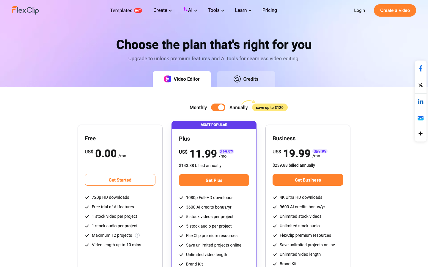 FlexClip pricing on annual billing: Free $0, Plus $11.99 and Business $19.99 a month