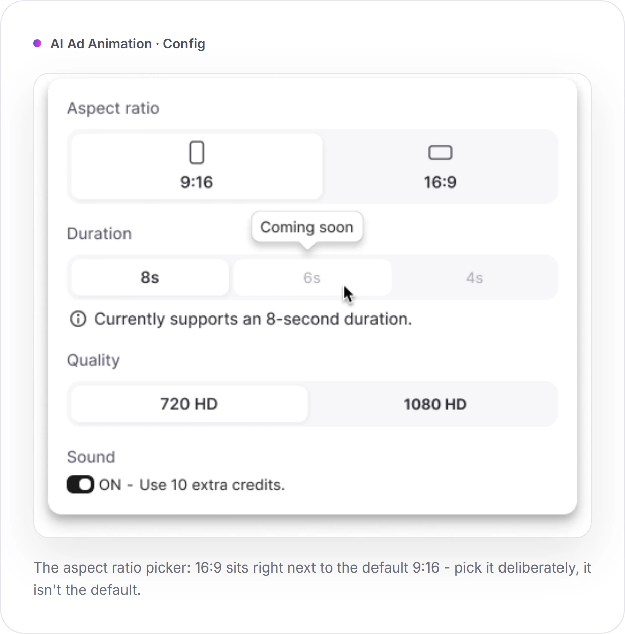 Promer AI Ad Animation aspect ratio picker showing 16:9 available alongside the default 9:16