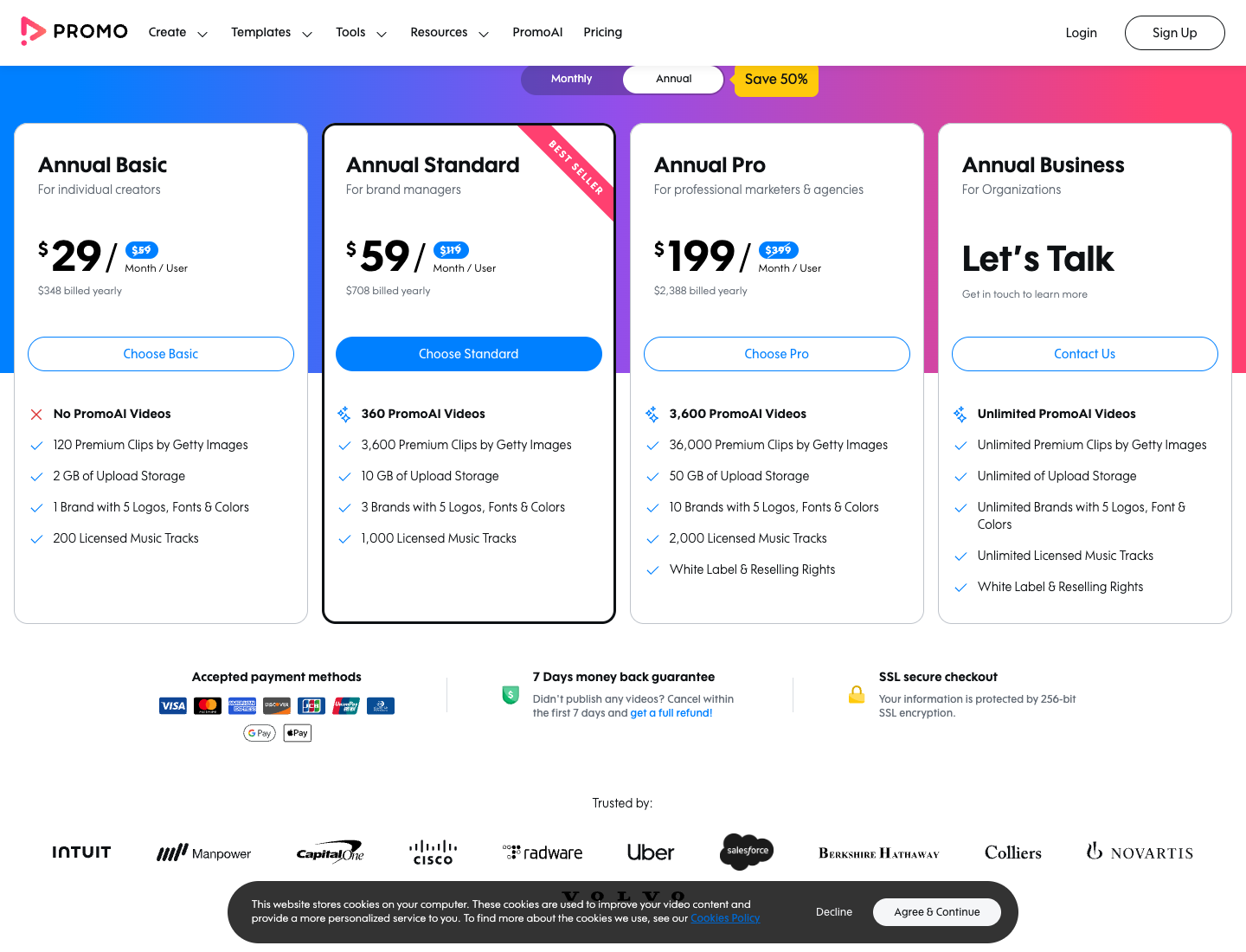Promo.com pricing page plan cards showing PromoAI video downloads start on the Standard plan