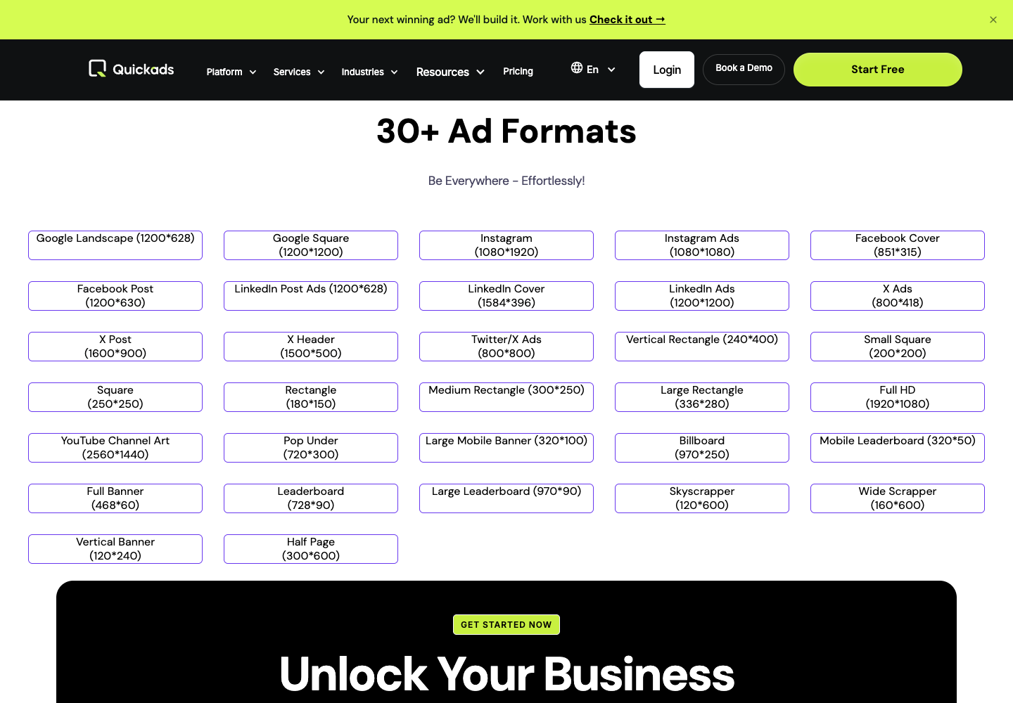 QuickAds list of 30+ ad formats including Instagram 1080x1920 and Leaderboard 728x90