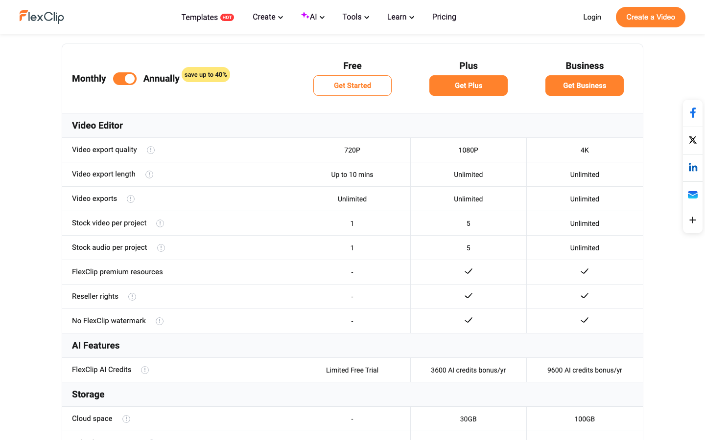 FlexClip compare plans table: 720p, 1080p and 4K export, 1 or 5 stock videos per project