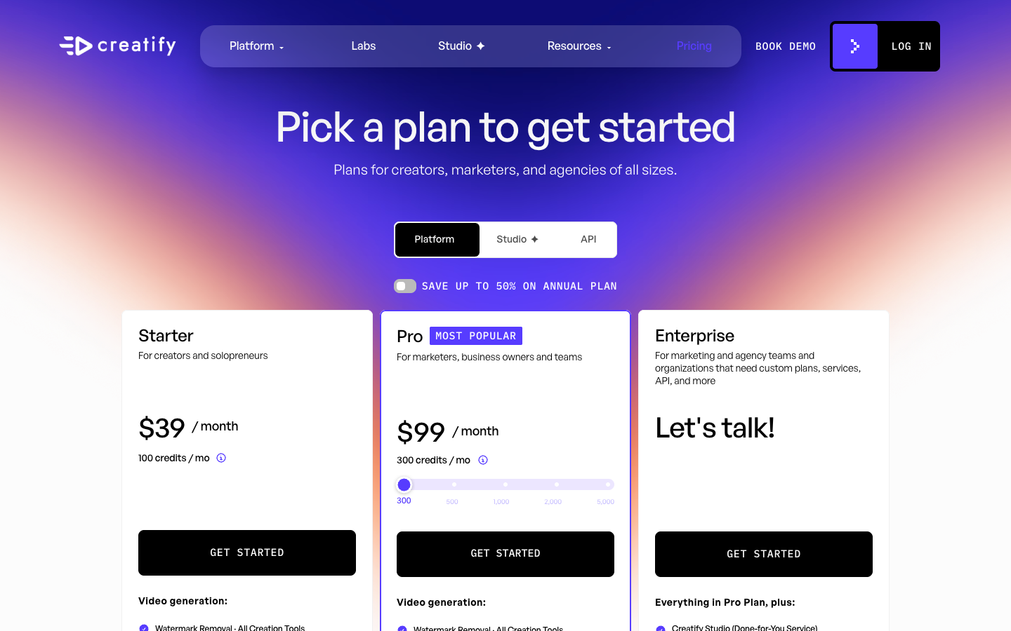 Creatify pricing page with Starter at $39 and Pro at $99 a month