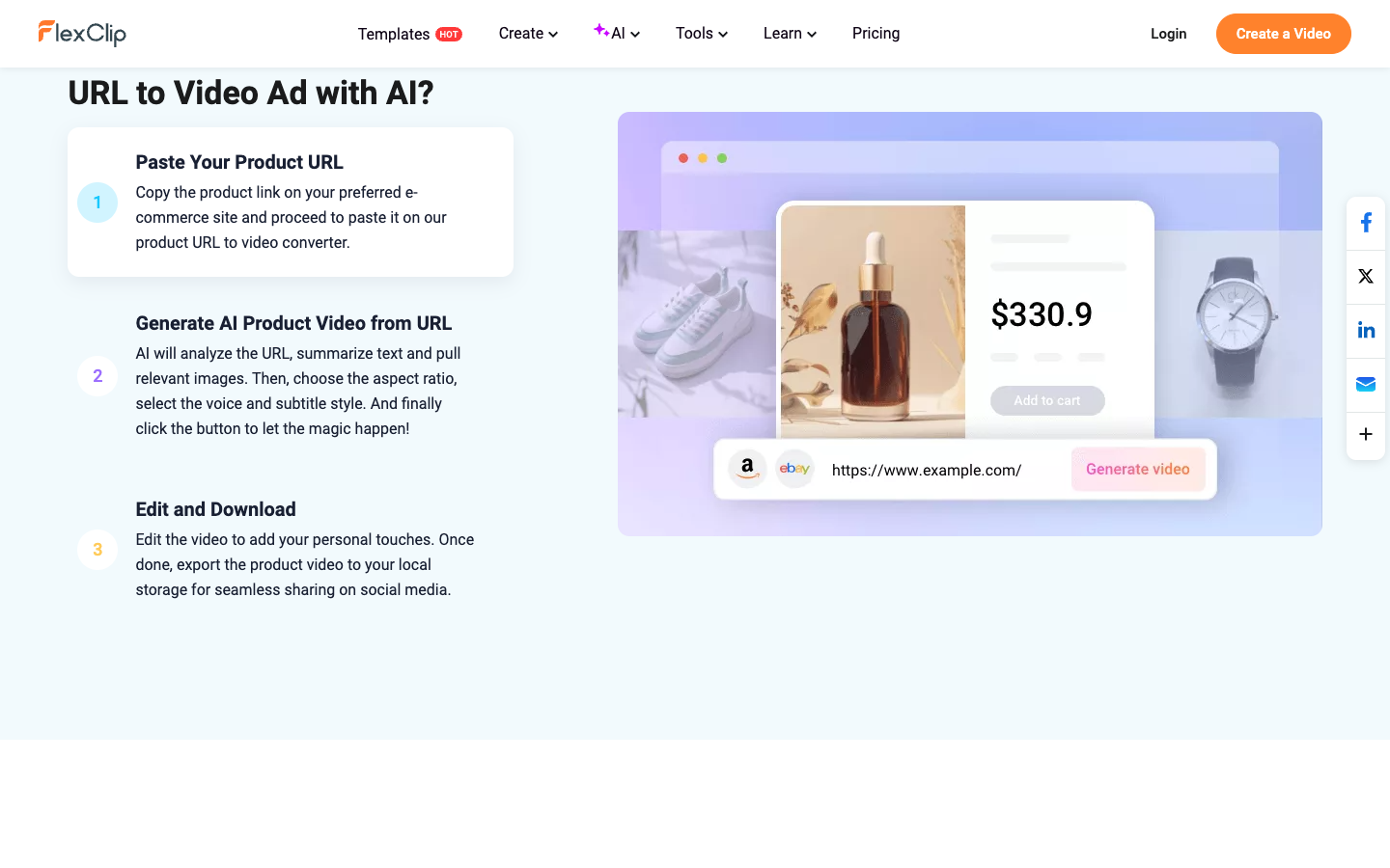 FlexClip AI review: Product URL to Video in 3 steps, paste the URL, generate, then edit