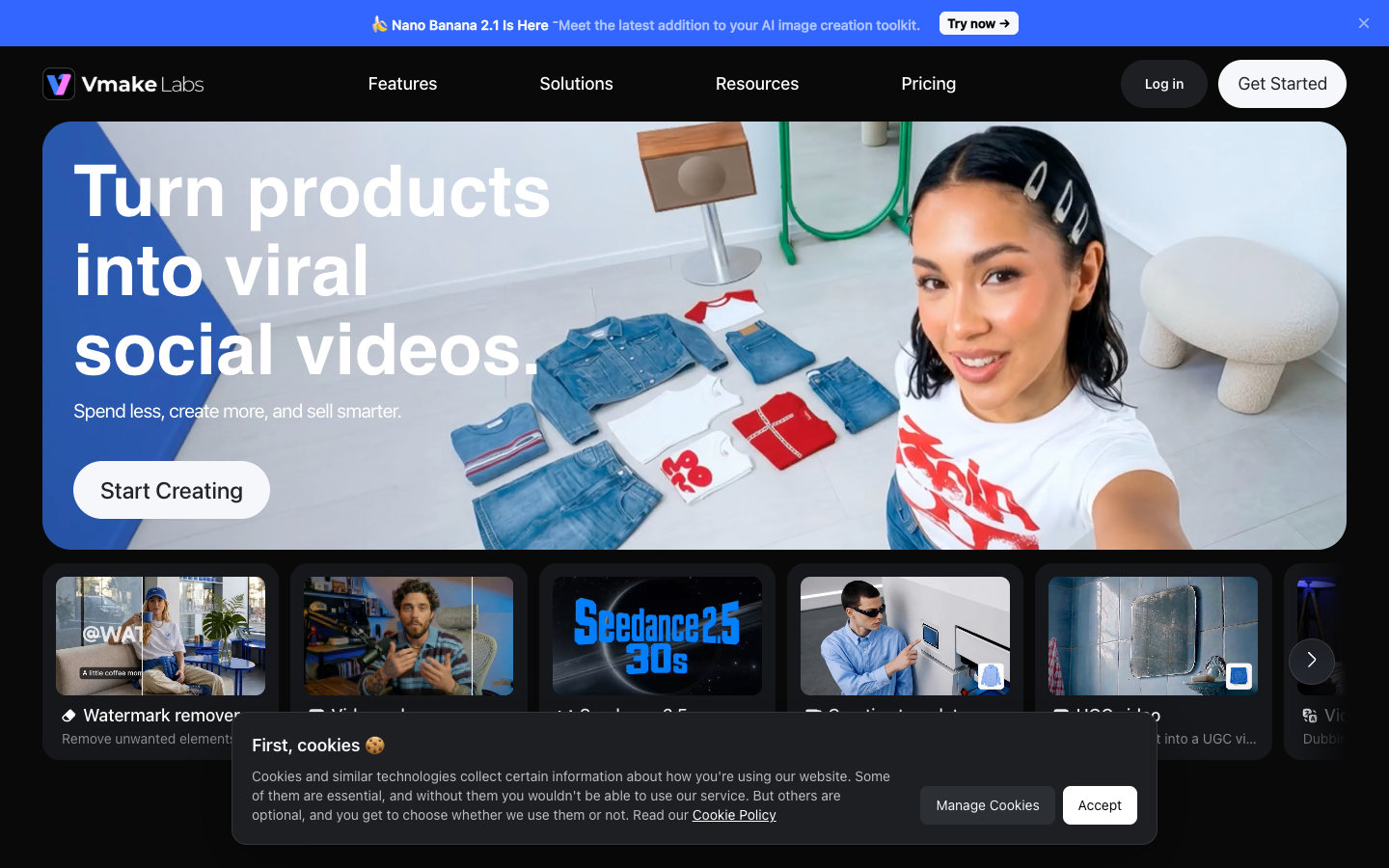 Vmake review homepage capture with the headline Turn products into viral social videos