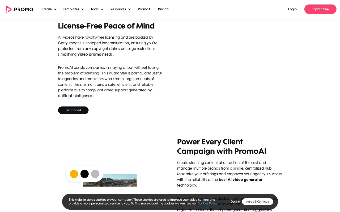 Promo.com License-Free Peace of Mind section saying all videos are backed by Getty Images' uncapped indemnification
