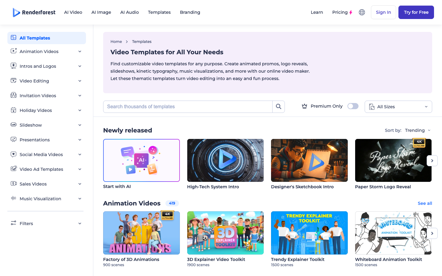Renderforest video template library comparing animated logo reveals against vertical social media ad templates