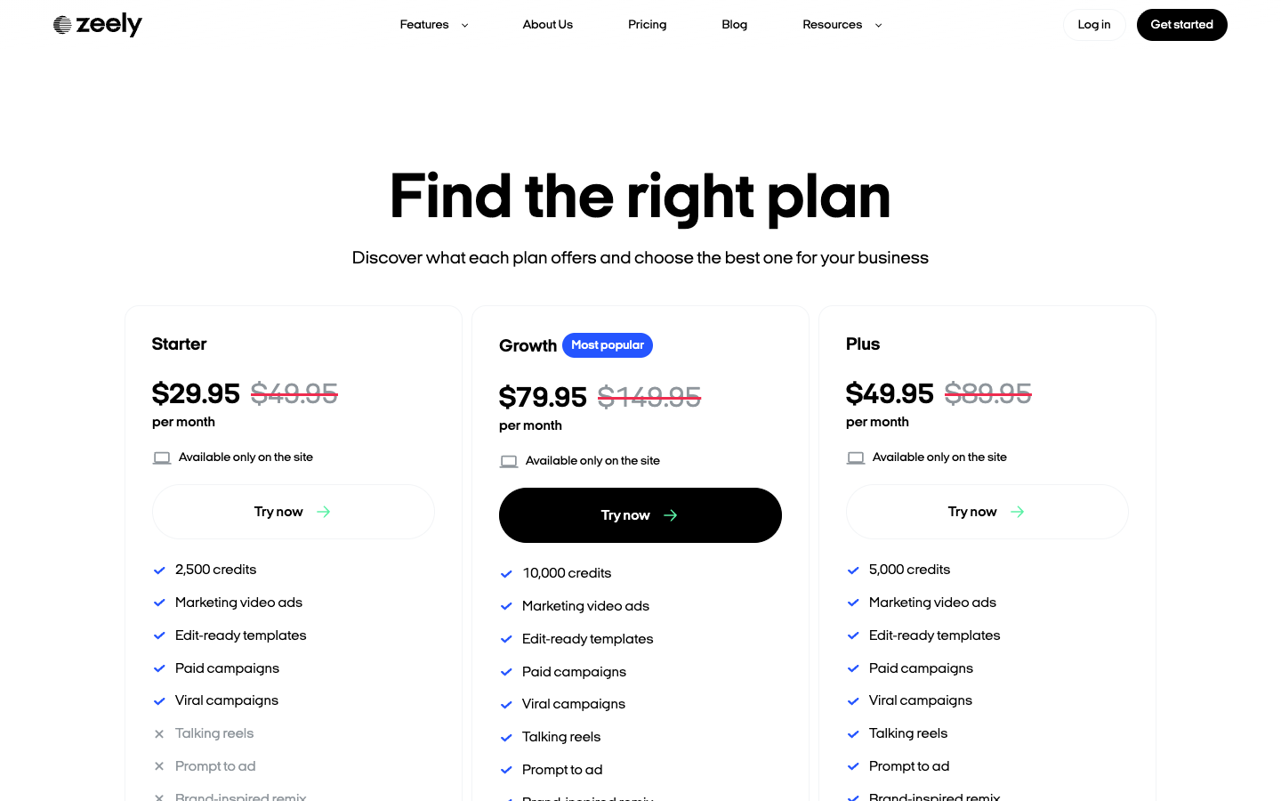 Zeely pricing page displaying Starter at 29.95 Plus and Growth monthly subscription tiers