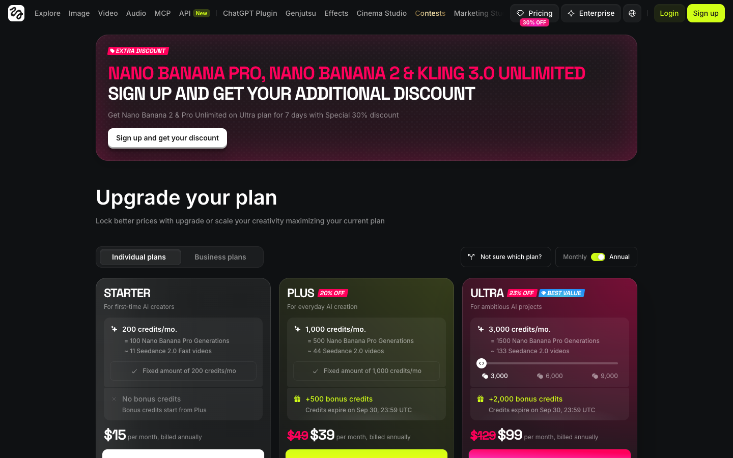 Higgsfield pricing page with Starter, Plus and Ultra plans and monthly credit amounts