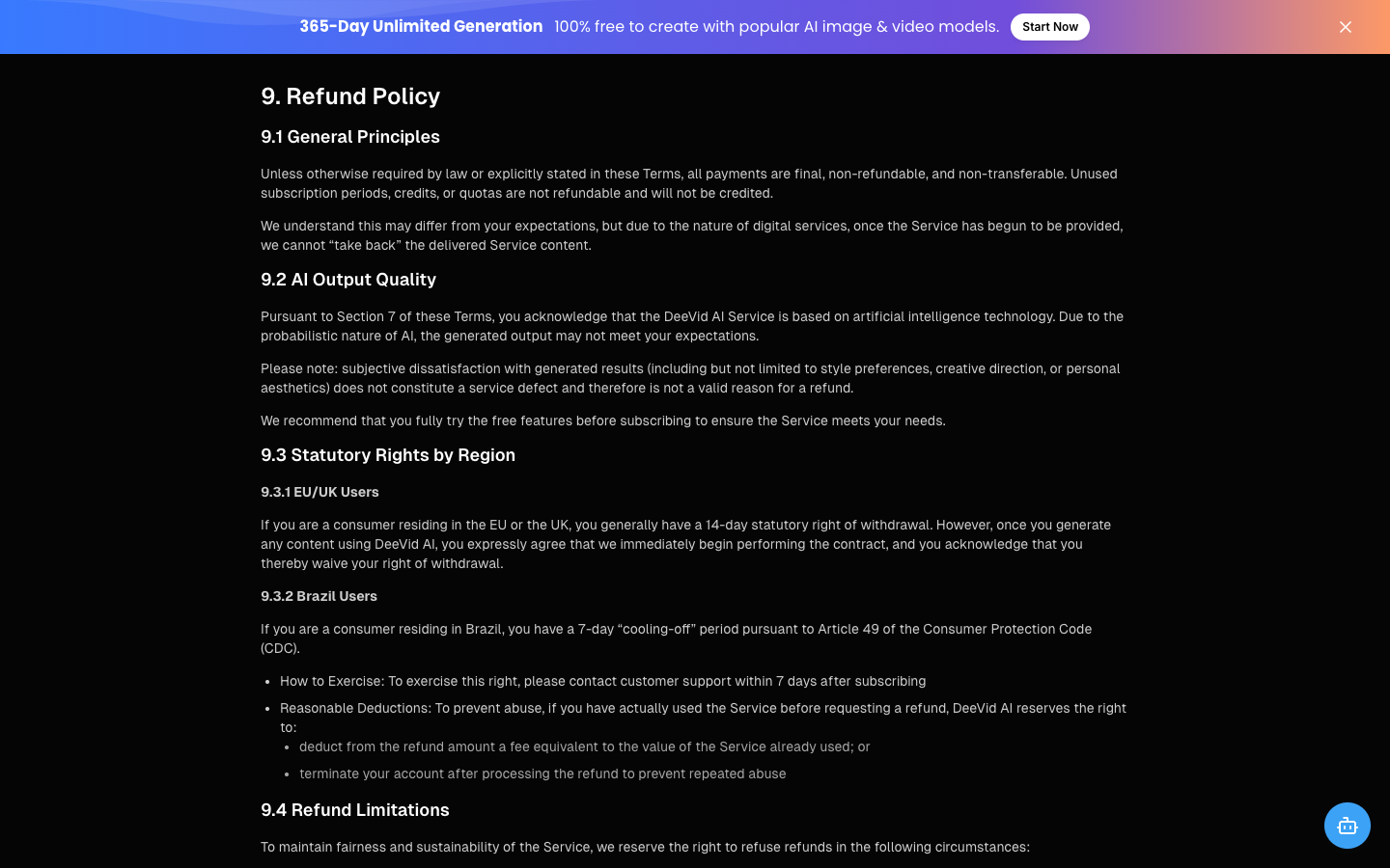 Deevid Terms of Service refund section covering final payments and AI output quality