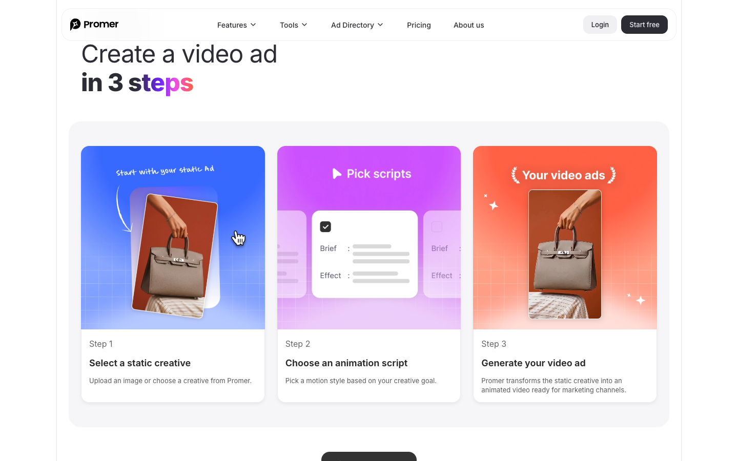 Promer AI Ad Animation in 3 steps: select a static creative, pick a script, generate