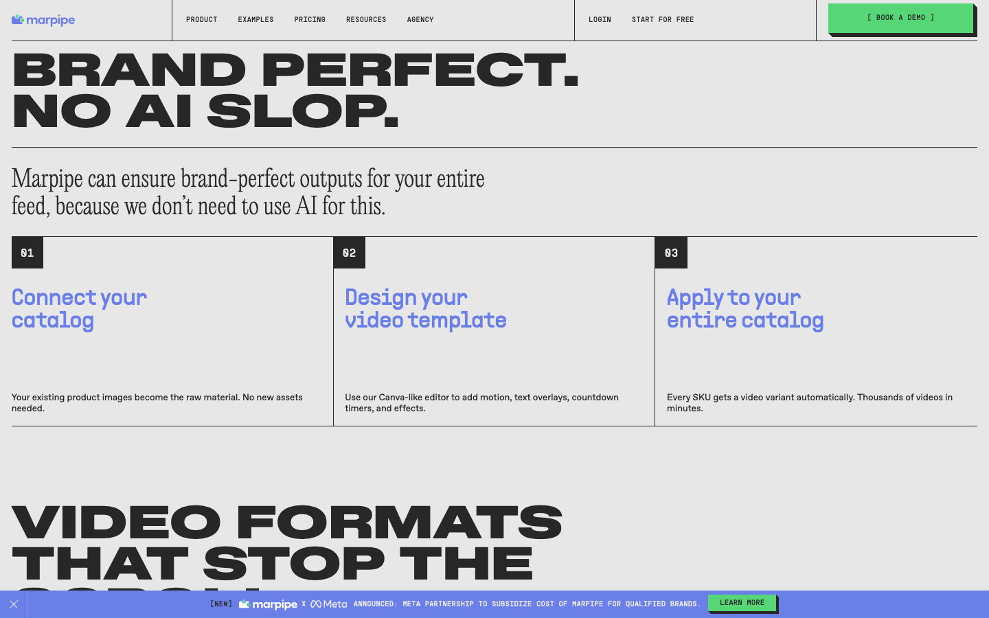 Marpipe product level video page: connect catalog, design video template, apply to entire catalog