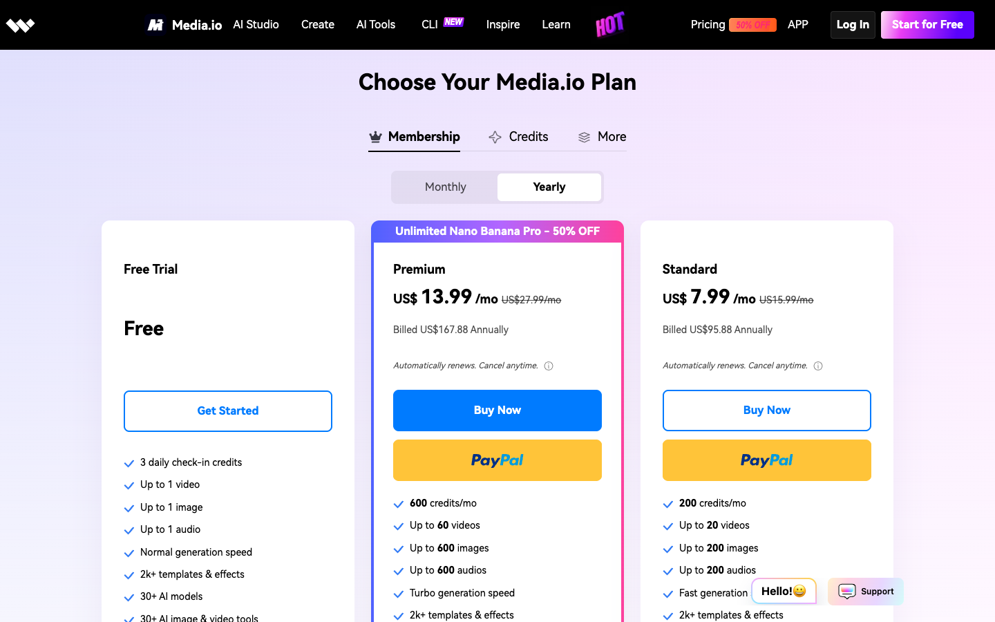 Media.io yearly plan cards: Free Trial, Premium $13.99 a month, Standard $7.99 a month