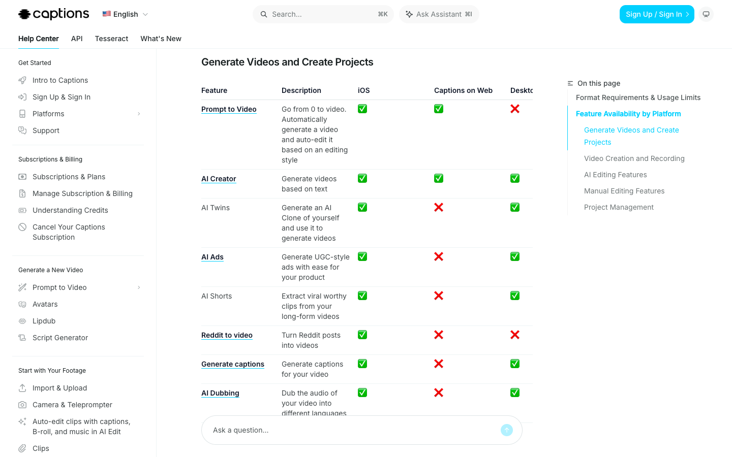 Captions help center table of features available on iOS, web, and legacy desktop