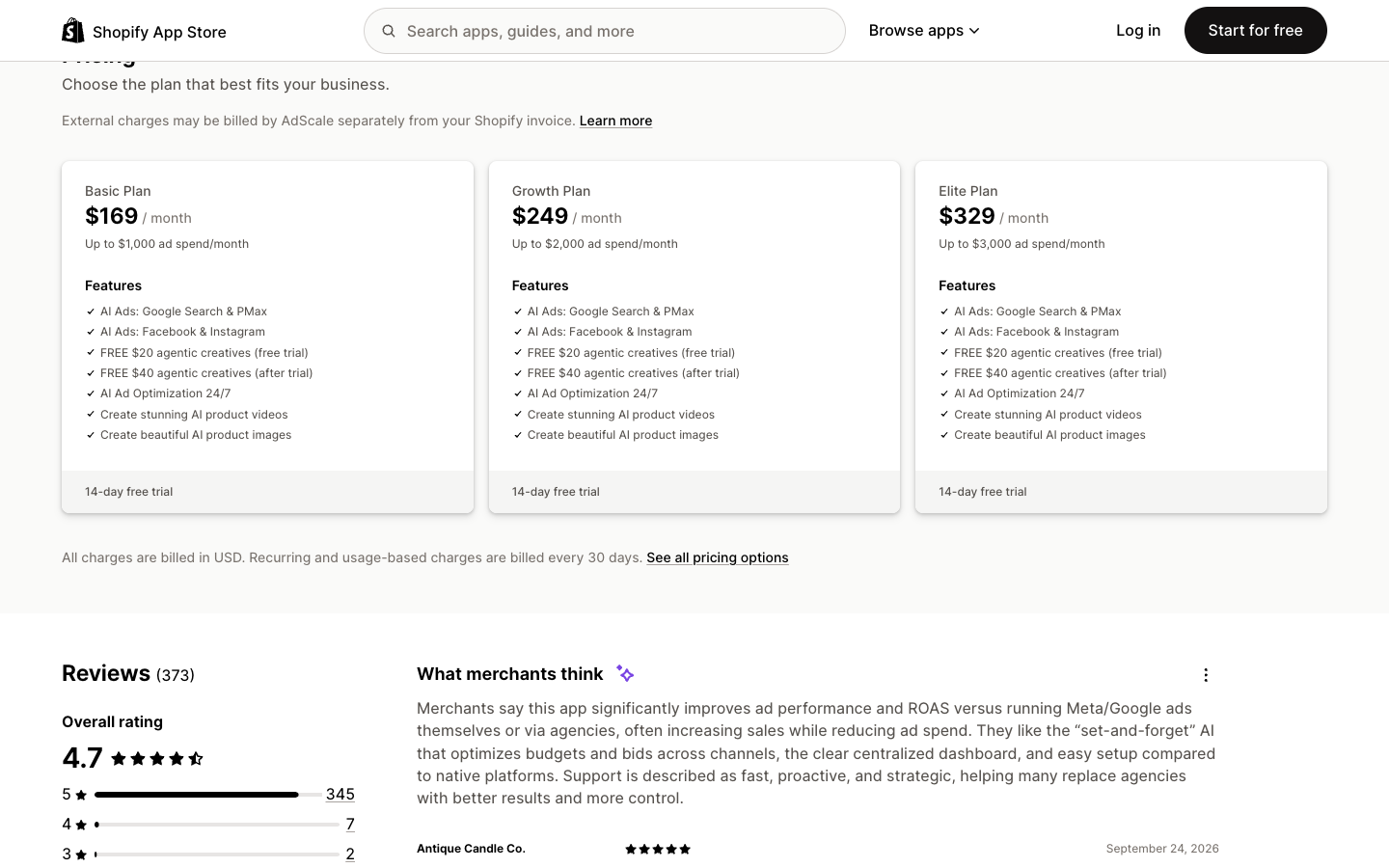 AdScale Basic, Growth and Elite plans at $169, $249 and $329 a month by ad spend ceiling