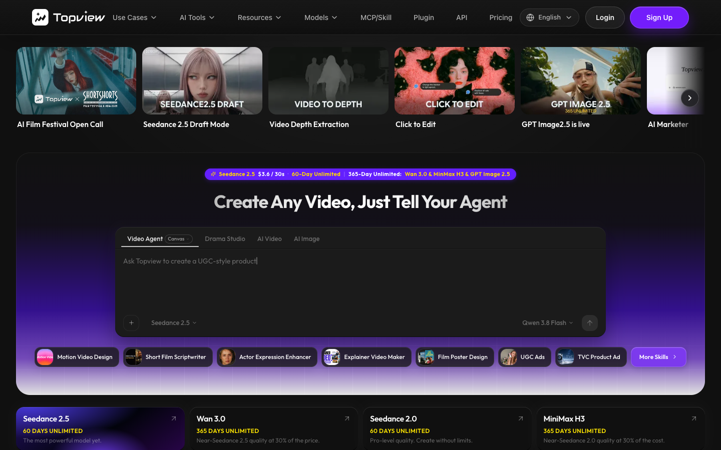 TopView AI homepage with the Video Agent prompt box and Seedance 2.5 banner