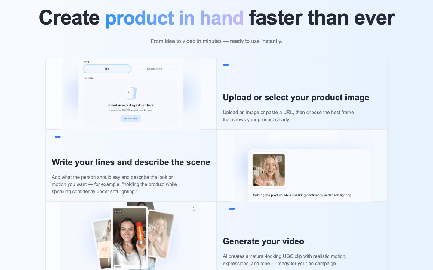 MakeUGC product in hand page with upload, script and generate steps for an AI actor