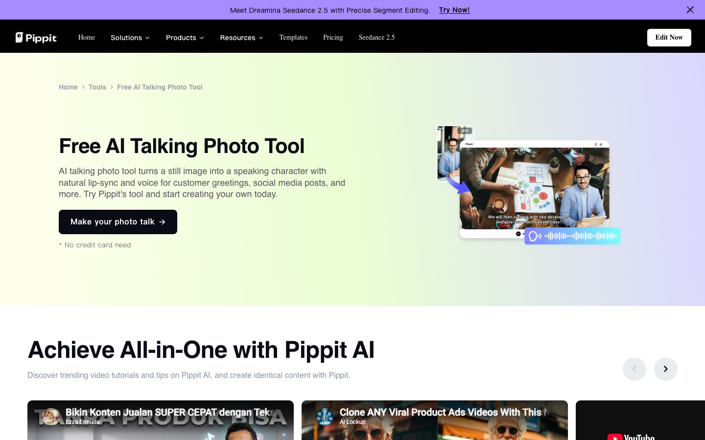 Pippit Free AI Talking Photo Tool page with a Make your photo talk button