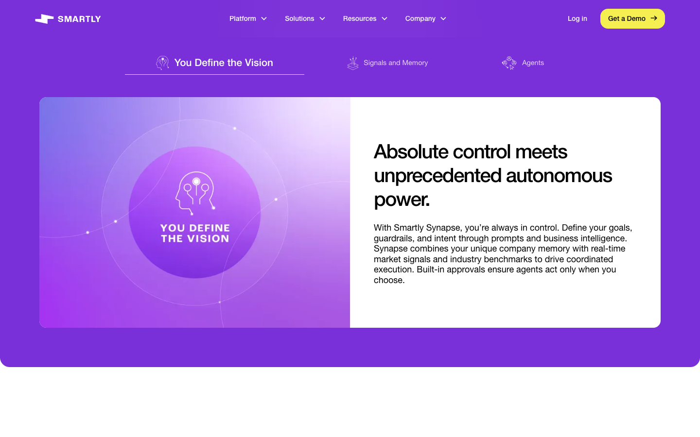 Smartly Synapse page showing the You Define the Vision step with goals, guardrails and approvals