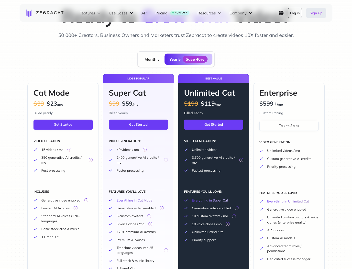 Zebracat pricing page with Cat Mode $23, Super Cat $59 and Unlimited Cat $119 billed yearly