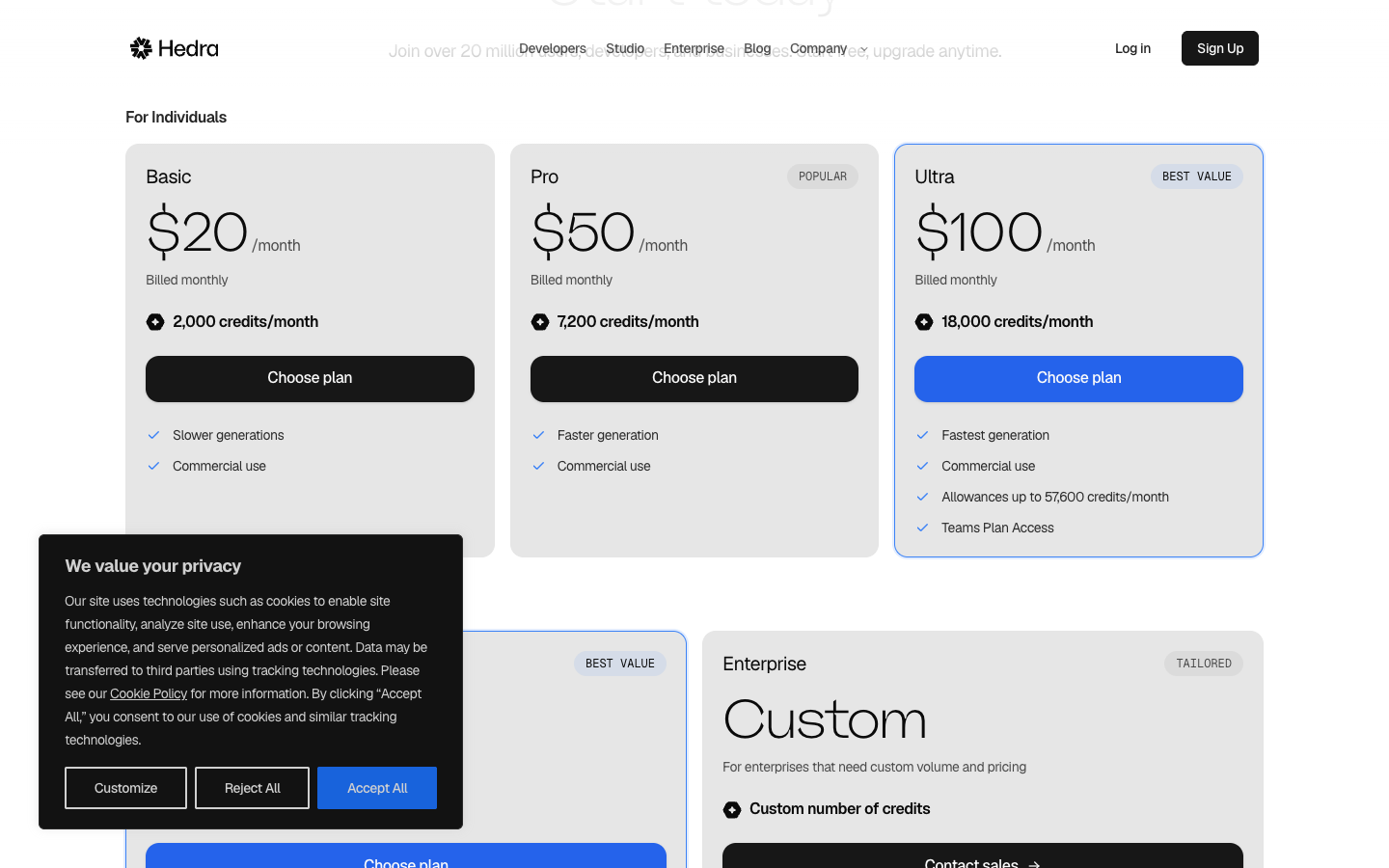 Hedra shows prices in two units. The pricing page sells credit-based plans by the month.