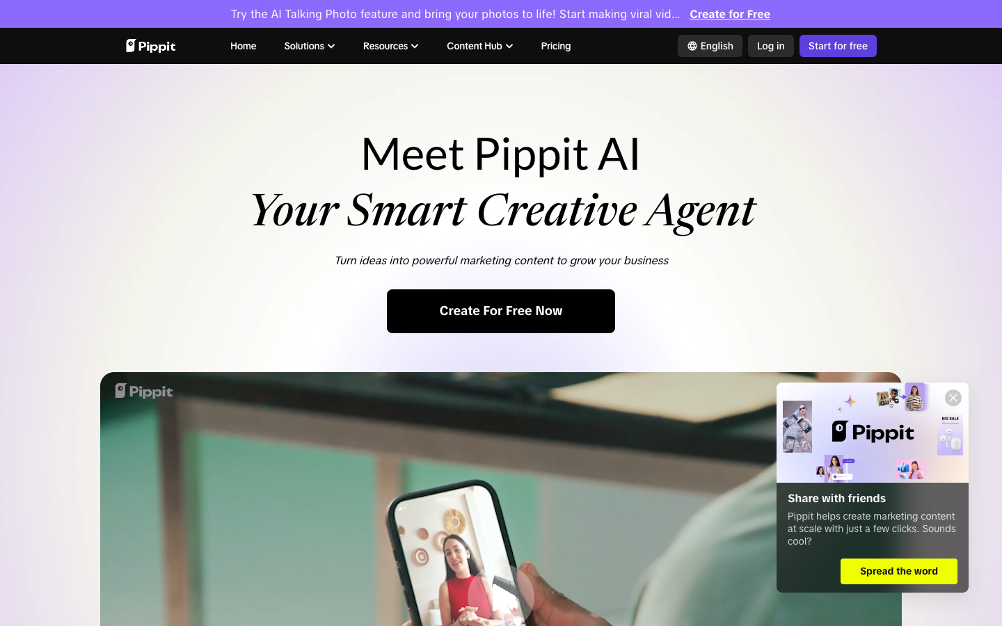 Meet Pippit AI page with the Your Smart Creative Agent headline and a phone preview